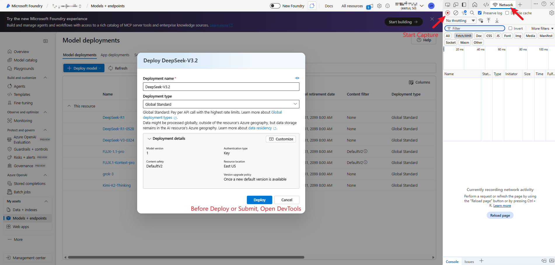 Open developer tools to capture network requests