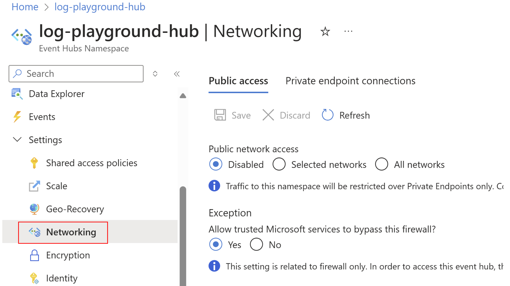 Event Hub Networking Settings