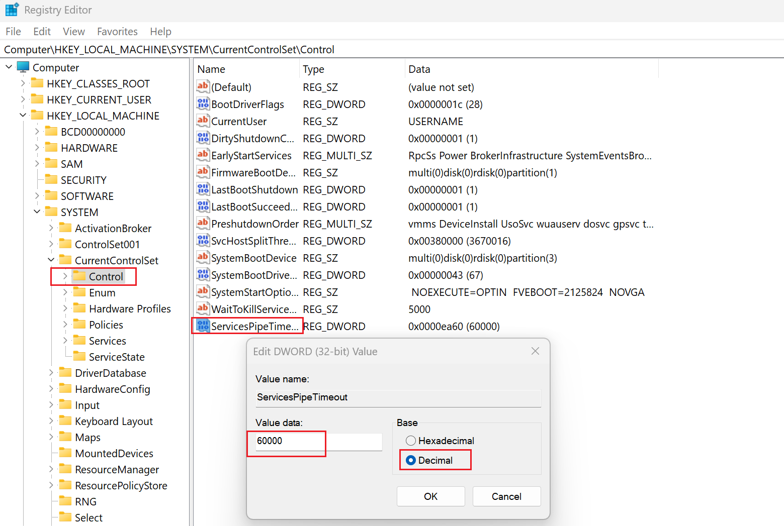 ServicesPipeTimeout Regsitry Key