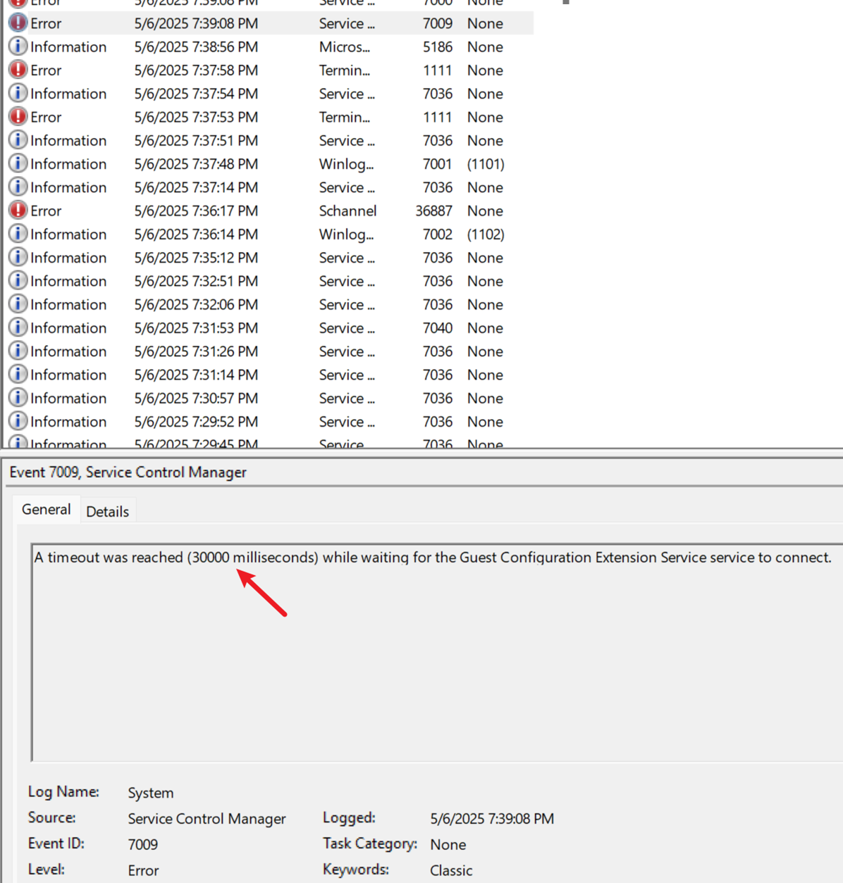 System Event Log for Starting Arc Services Timeout