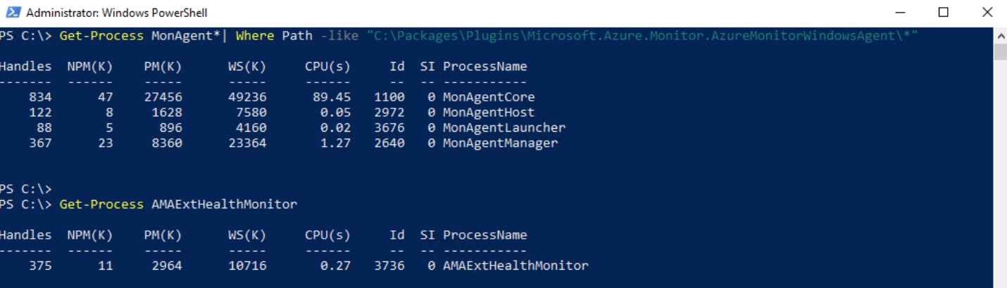 Azure Monitor Windows Agent Processes